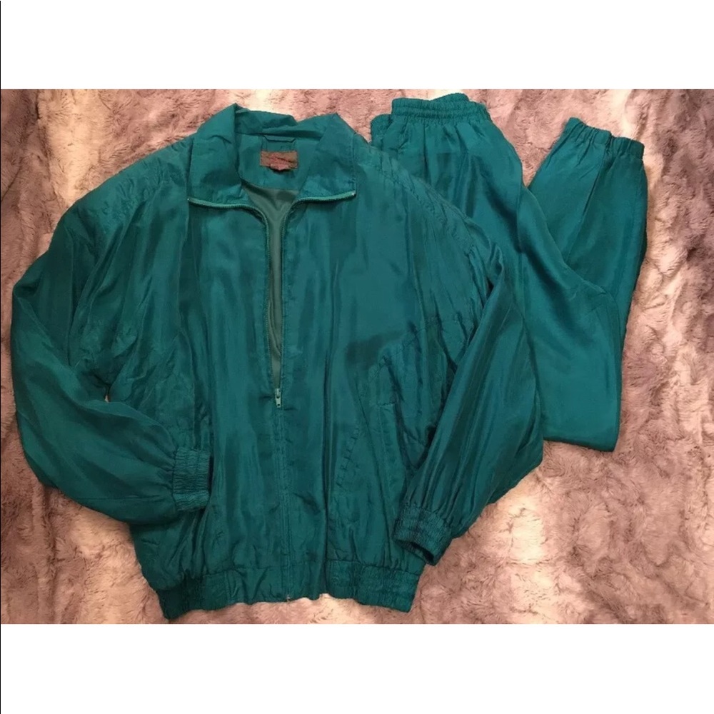 Vtg Swell Green 100% Silk Track Suit Jacket Pants